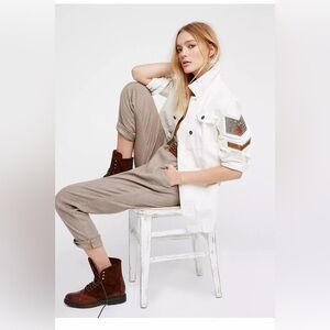 Free People White Denim Embellished Military Shirt Jacket small